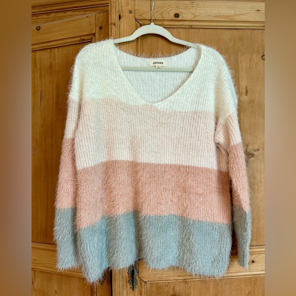 (Bundle 2 for $20) ADORA Women's V-Neck Sweater - Cream, Pink and Gray - Picture 1 of 3